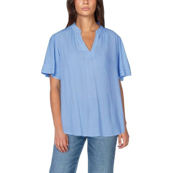 NWOT Well Worn Women's S Blue Textured Short Bell Sleeve Blouse Viscose - Picture 1 of 8